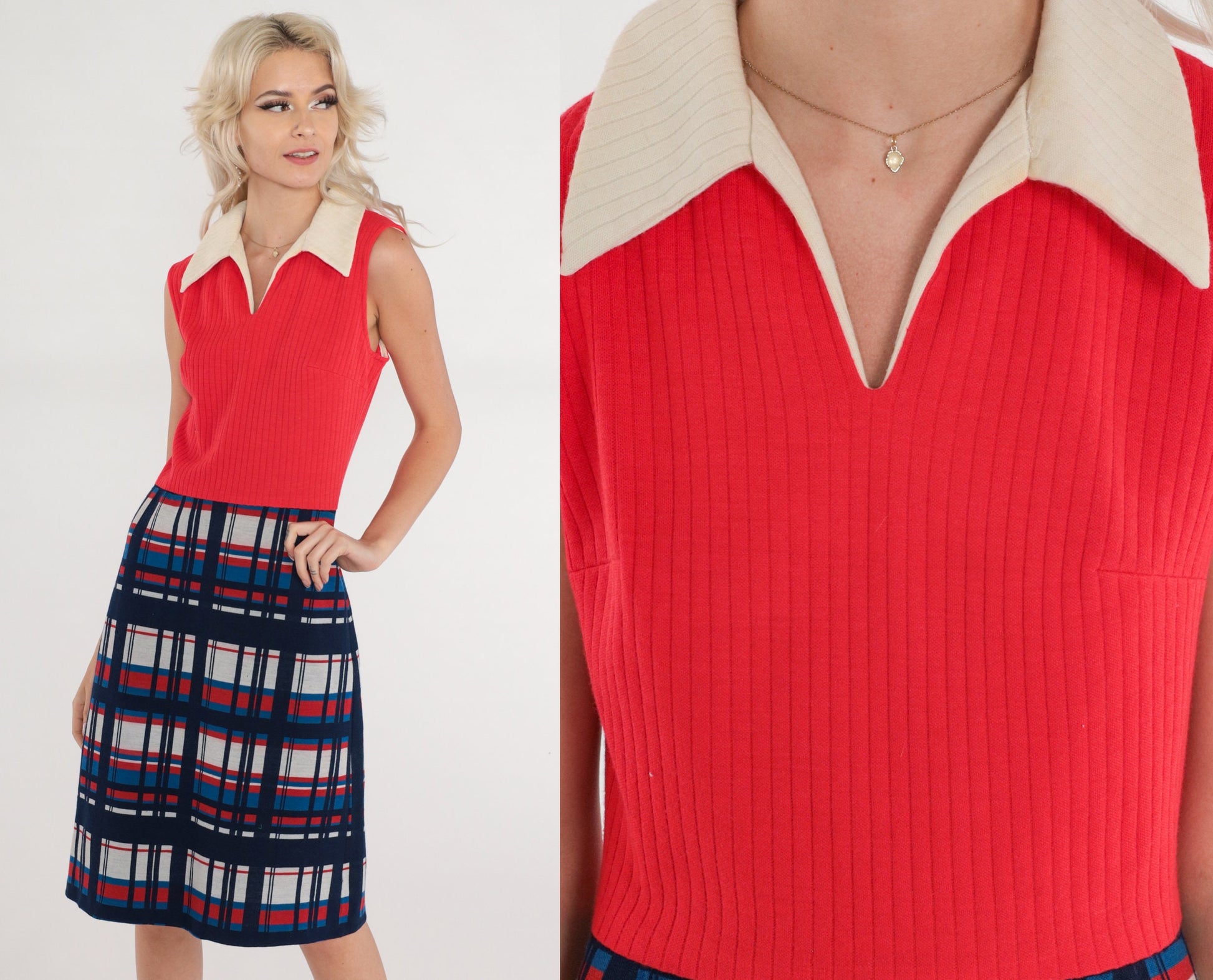 60s Bleeker Street Red Plaid Wool Shift Dress Collared Sleeveless Small