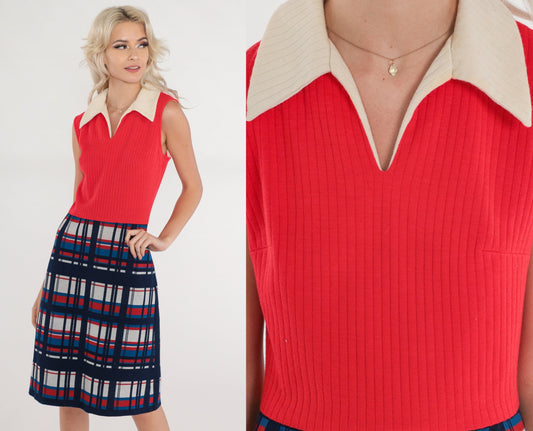 60s Bleeker Street Red Plaid Wool Shift Dress Collared Sleeveless Small