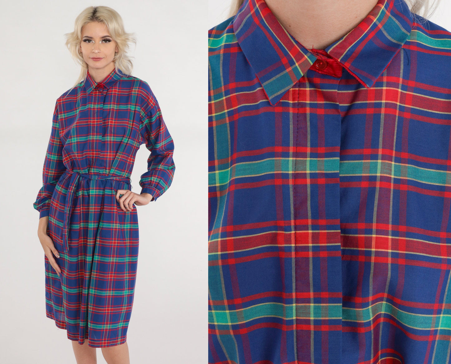 80s Plaid Button-Up Midi Dress High Waist Collared Shirtdress Blue Red Green Medium