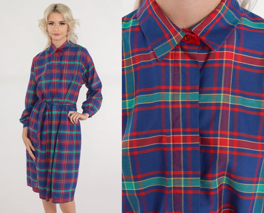80s Plaid Button-Up Midi Dress High Waist Collared Shirtdress Blue Red Green Medium