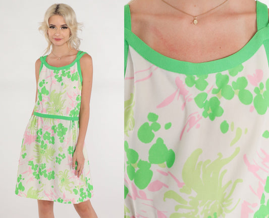 70s Floral Mini Dress White Green Pink Sleeveless High Waist Small