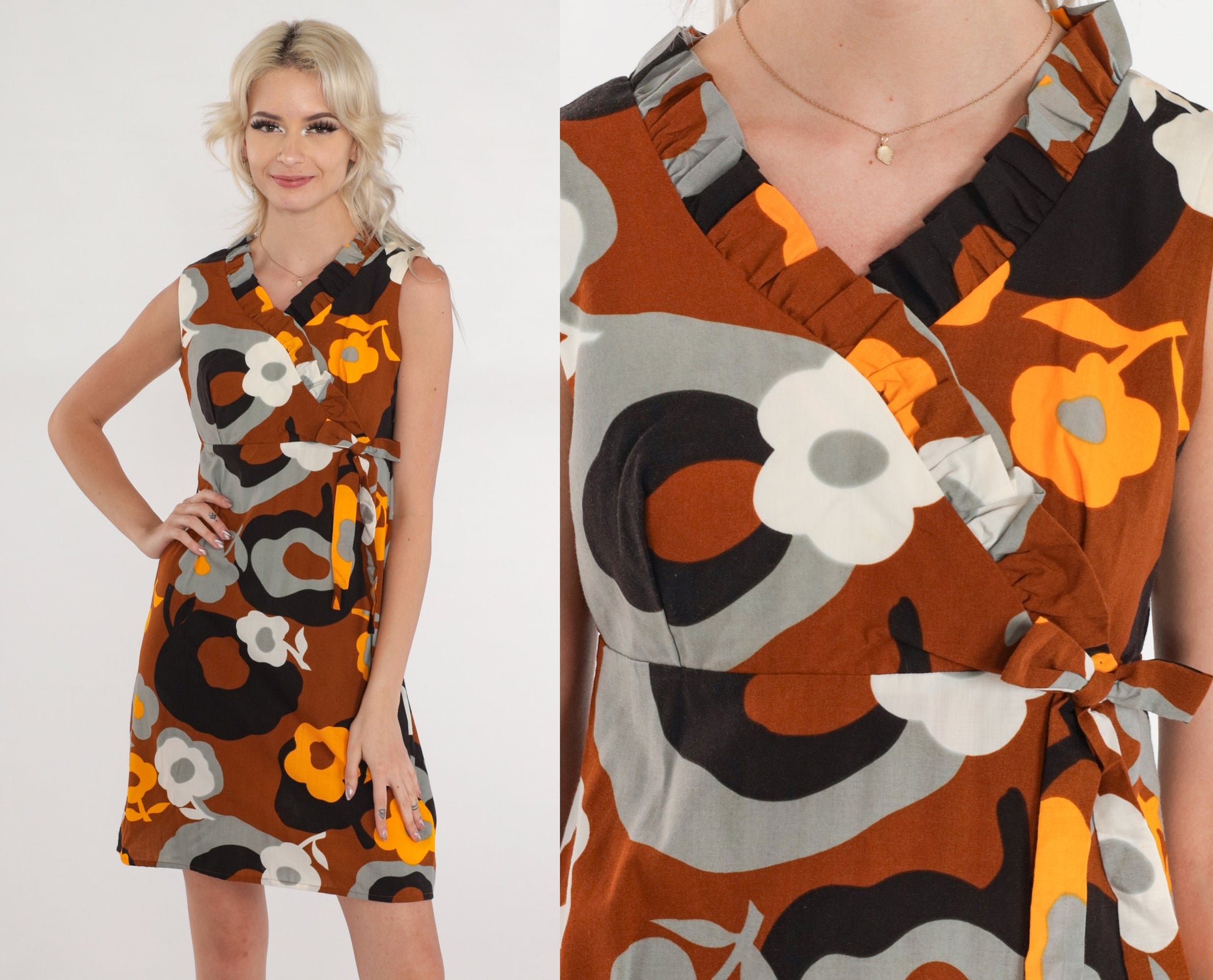 70s Floral Babydoll Mini Dress Psychedelic Print Brown Yellow Small
