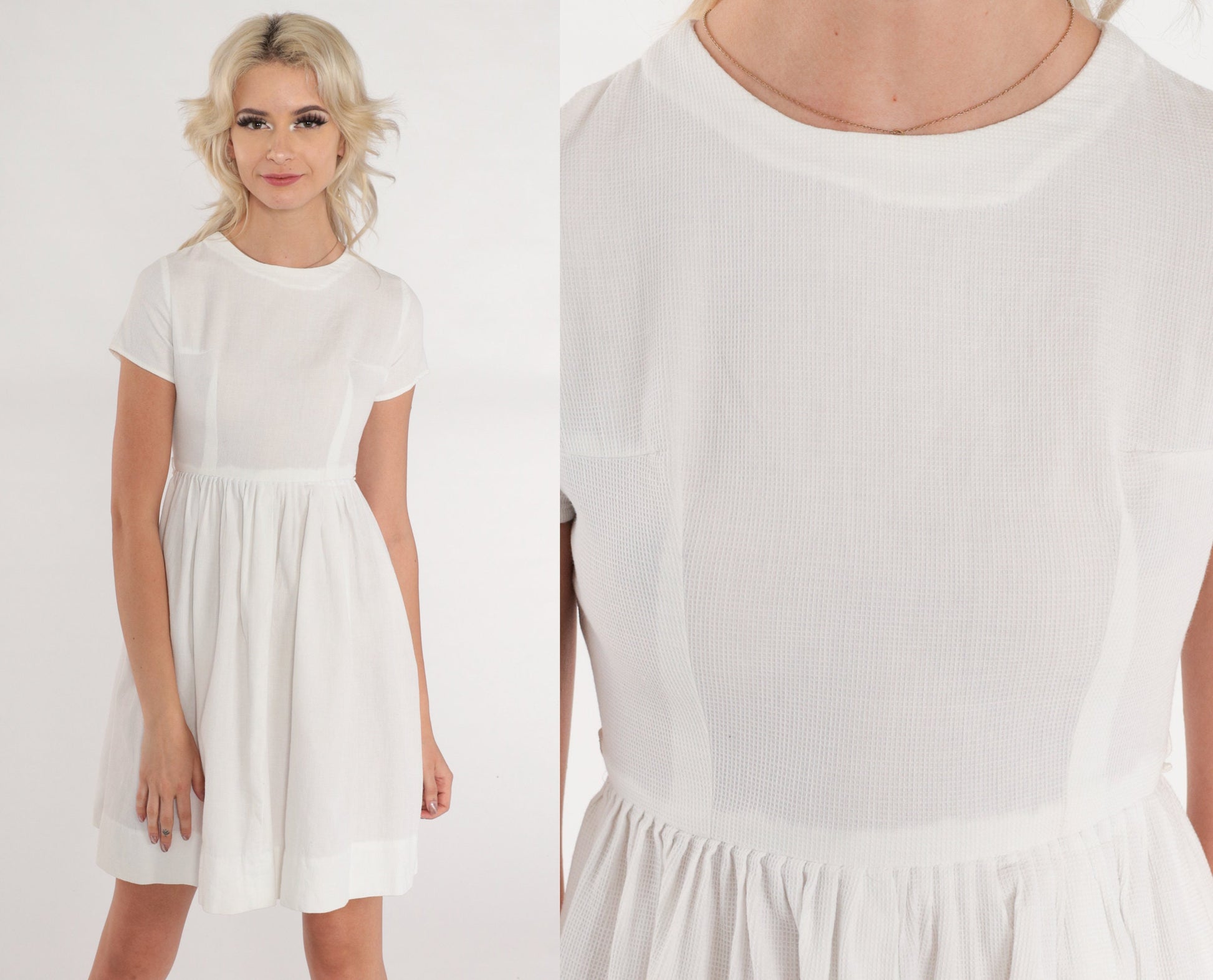 1970s White Mini Dress Empire Waist Short Sleeve Gathered Skirt 2XS