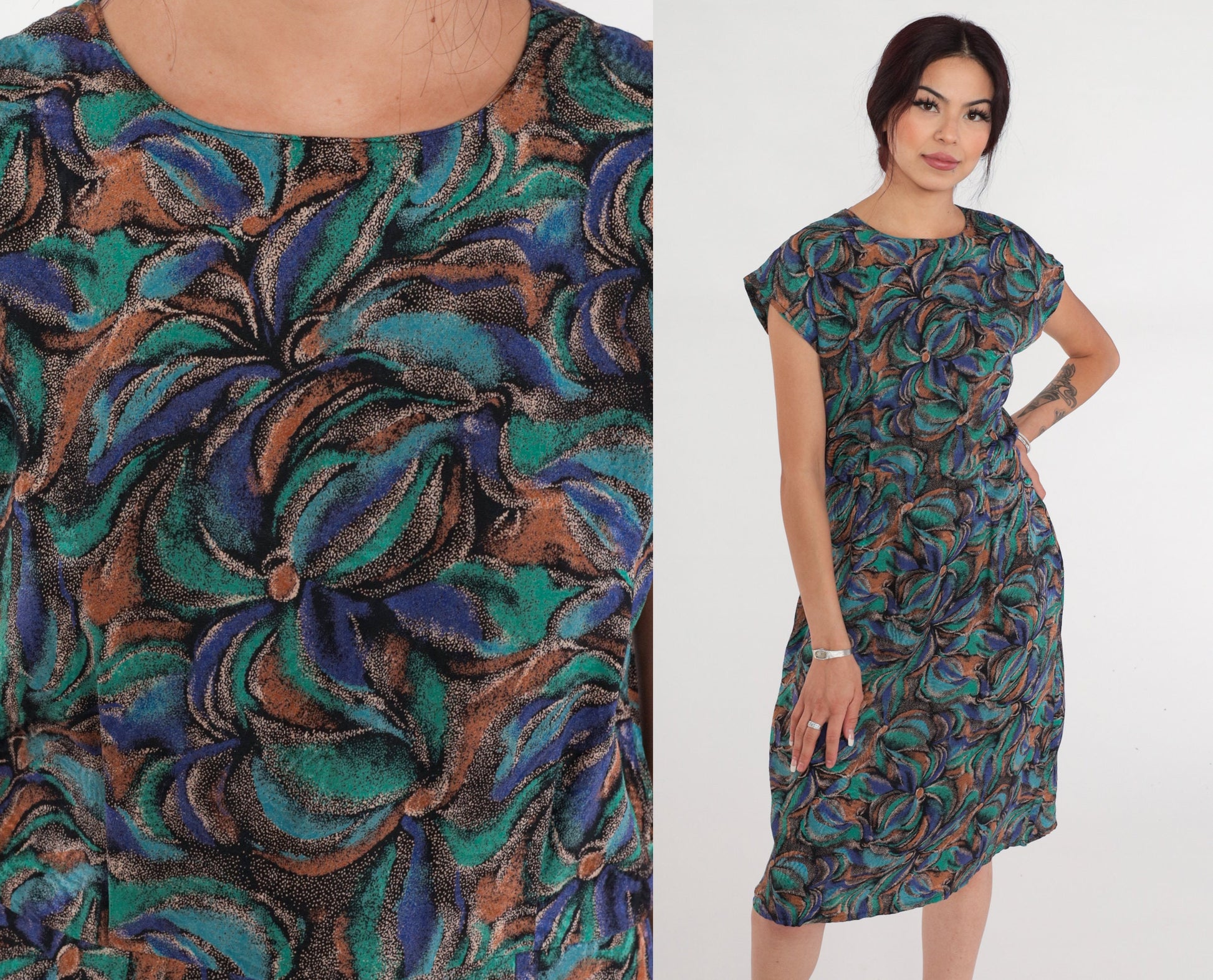 80s Silk Floral Midi Dress Cap Sleeve High Waist Abstract Print Small