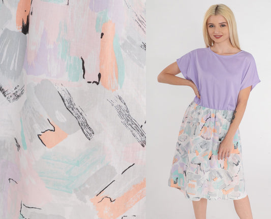 80s Purple Midi Dress Abstract Brushstroke Print High Waist Short Sleeve Medium