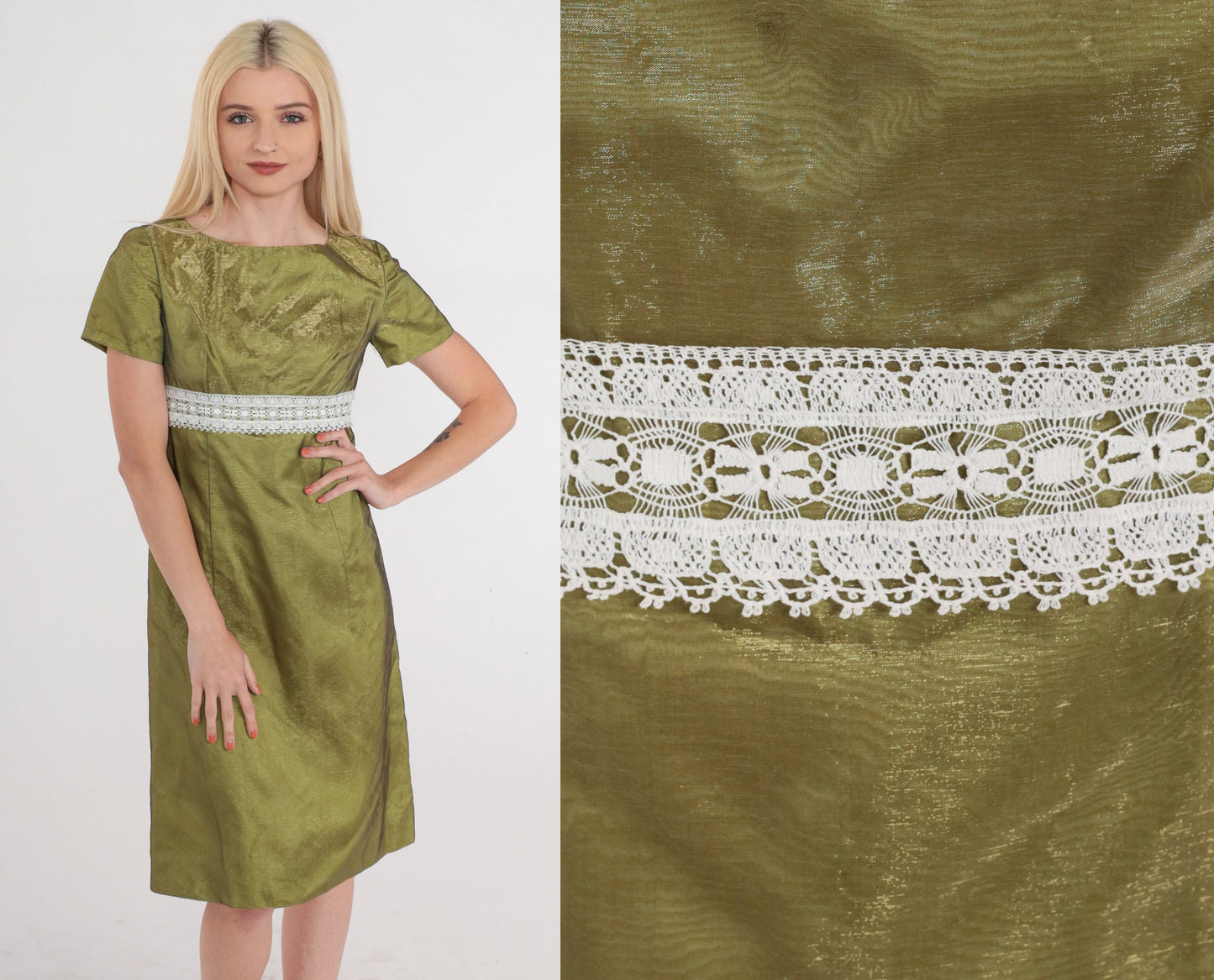 60s Iridescent Green Mini Dress Empire Waist Lace Trim Short Sleeve Extra Small