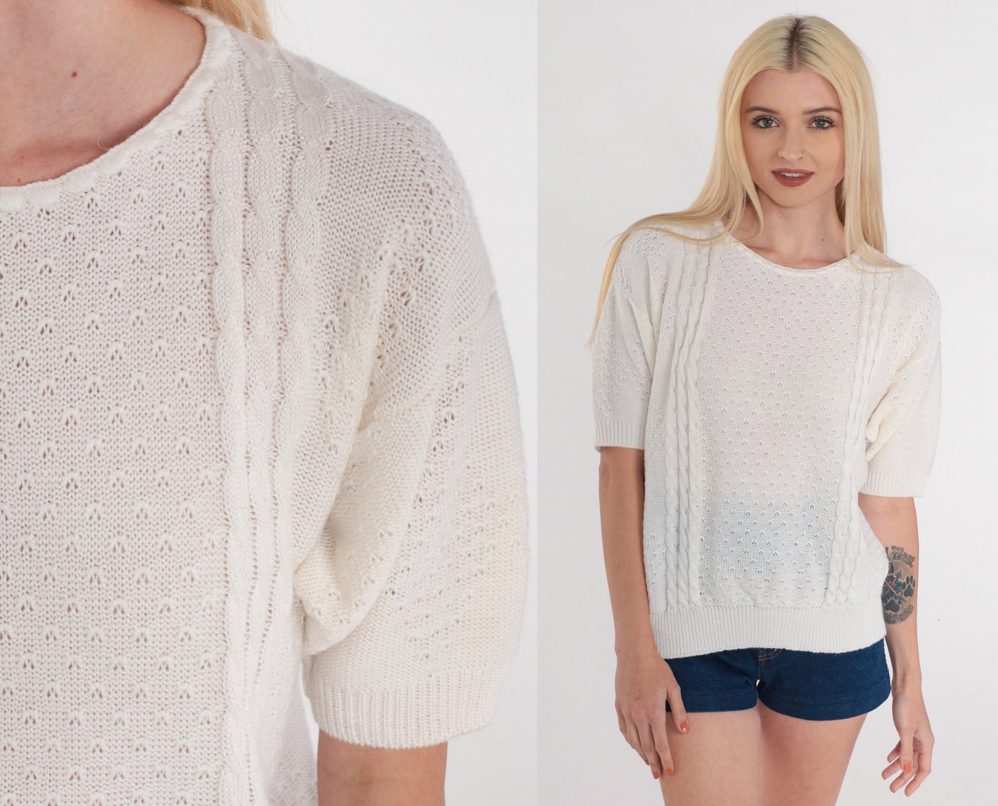 80s White Cable Knit Pointelle Cutout Short Sleeve Sweater Top Small Medium