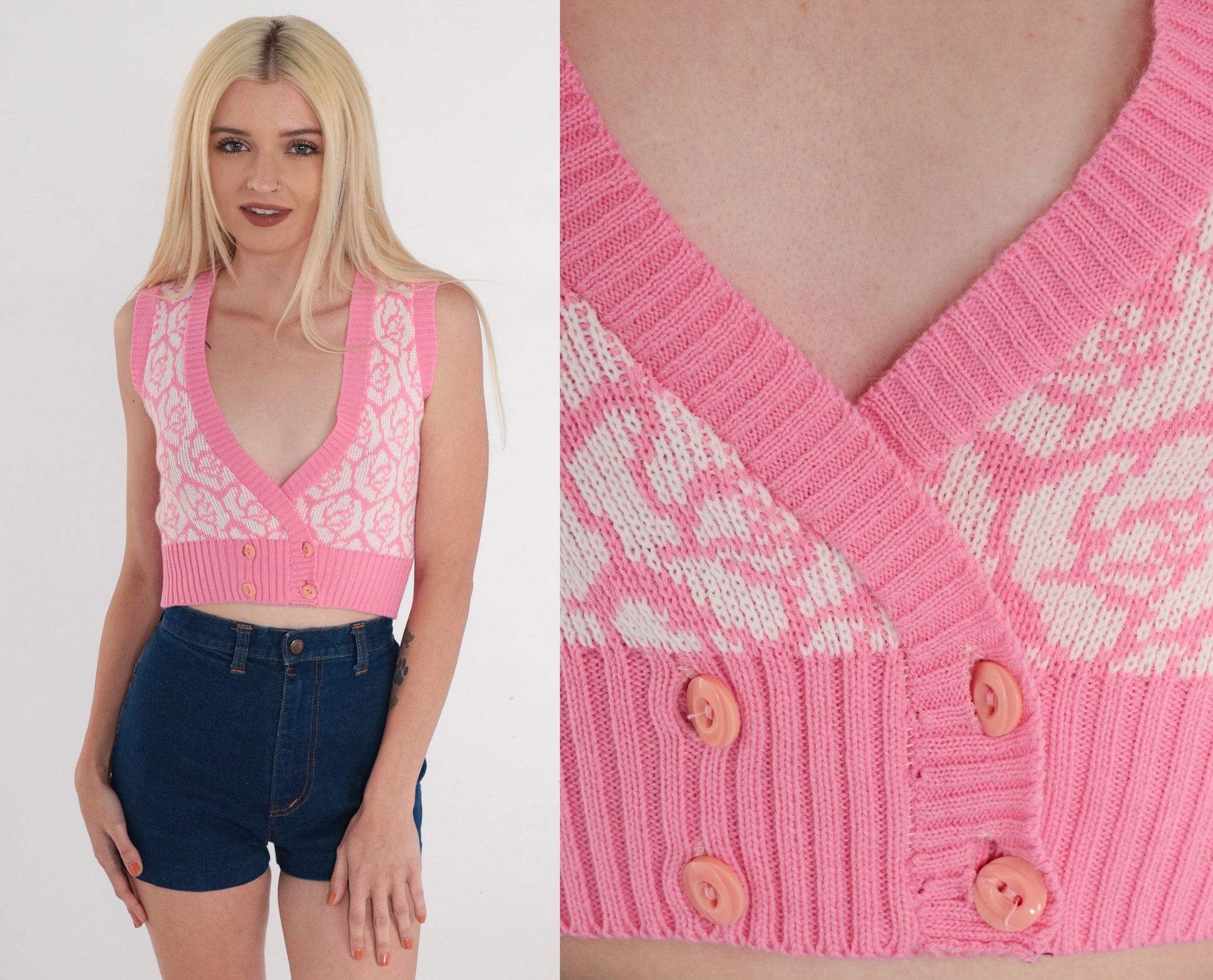 80s Pink Floral Knit Vest Crop Top Double Breasted V Neck Sleeveless XXS