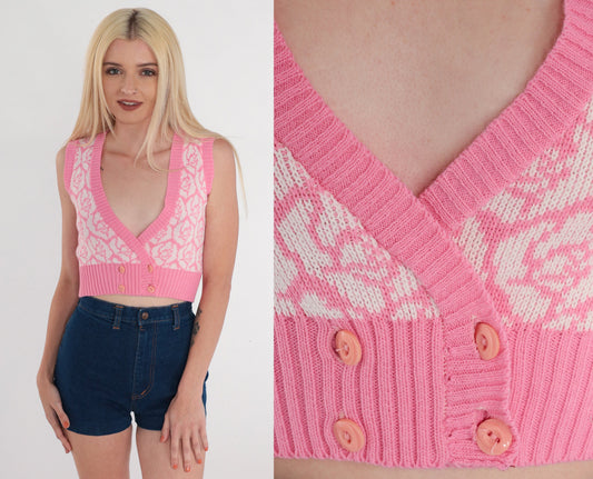 80s Pink Floral Knit Vest Crop Top Double Breasted V Neck Sleeveless XXS