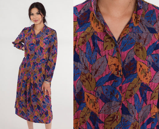 90s Leaf Print Midi Shirtwaist Dress Collared Button-Up Pink Blue Green Medium