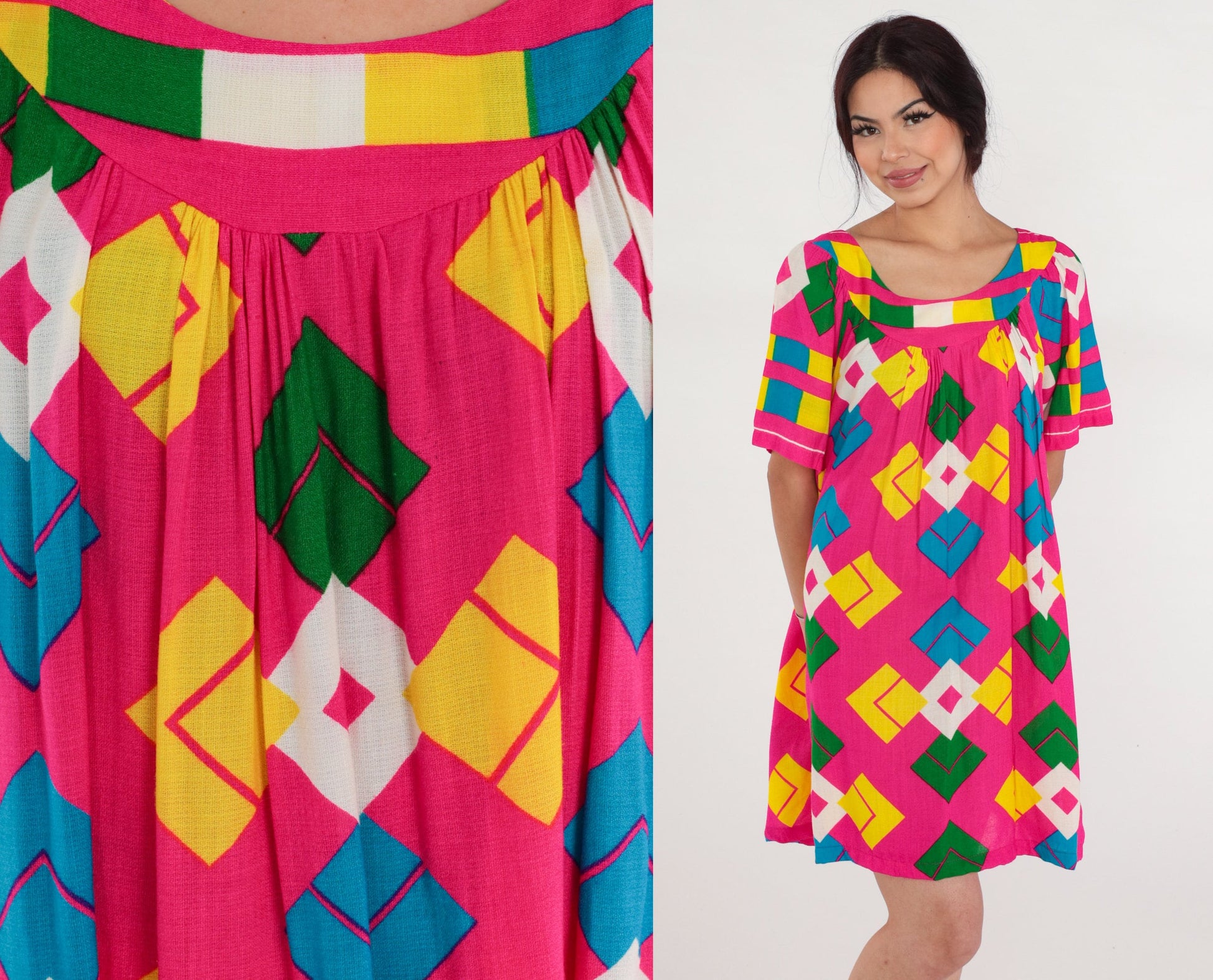 70s Pink Geometric Diamond Print Mini Dress Tent Cut Short Sleeve Large