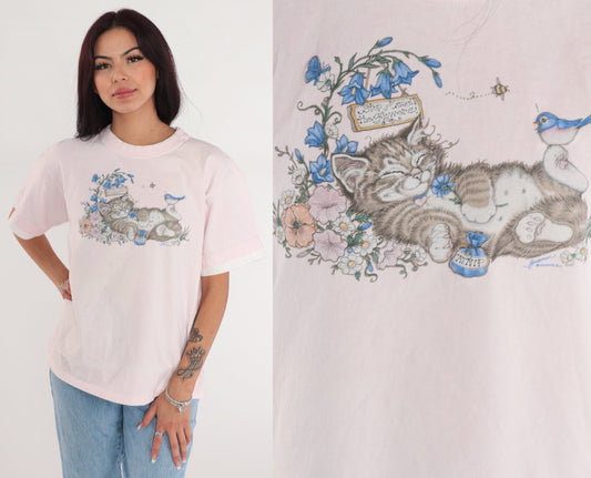 90s Sleepy Kitten Graphic T-Shirt Pink Floral Cat Tee Medium