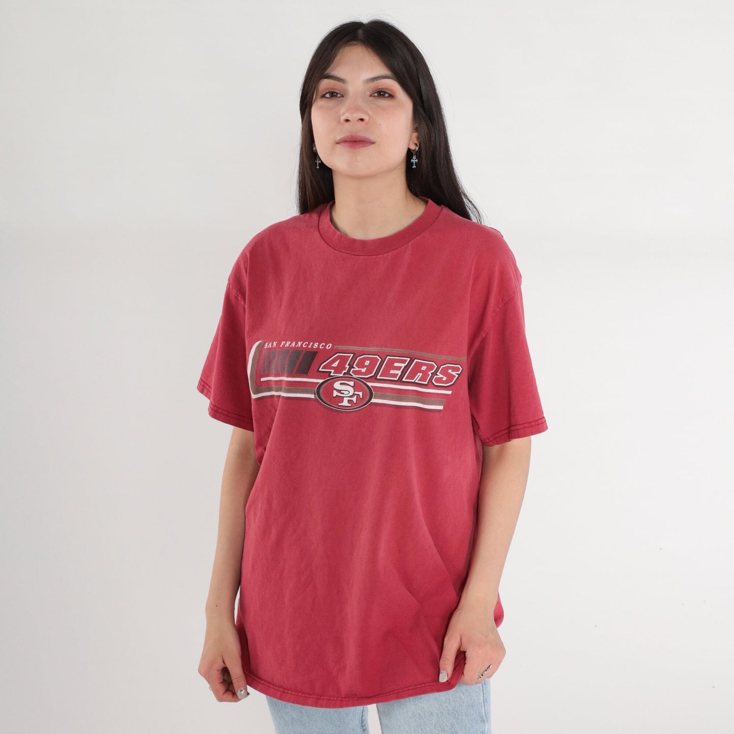 90s San Francisco 49ers NFL Graphic T-Shirt Red Cotton Large