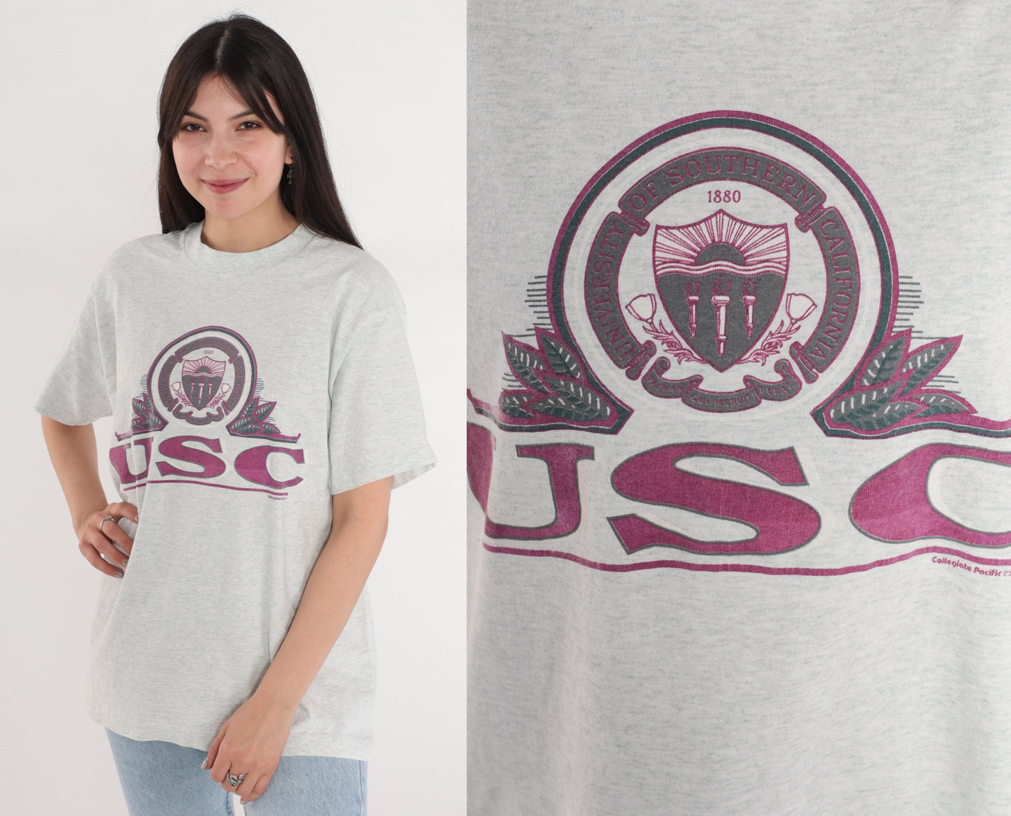 90s USC Trojans Graphic T-Shirt Heather Grey College Tee Medium