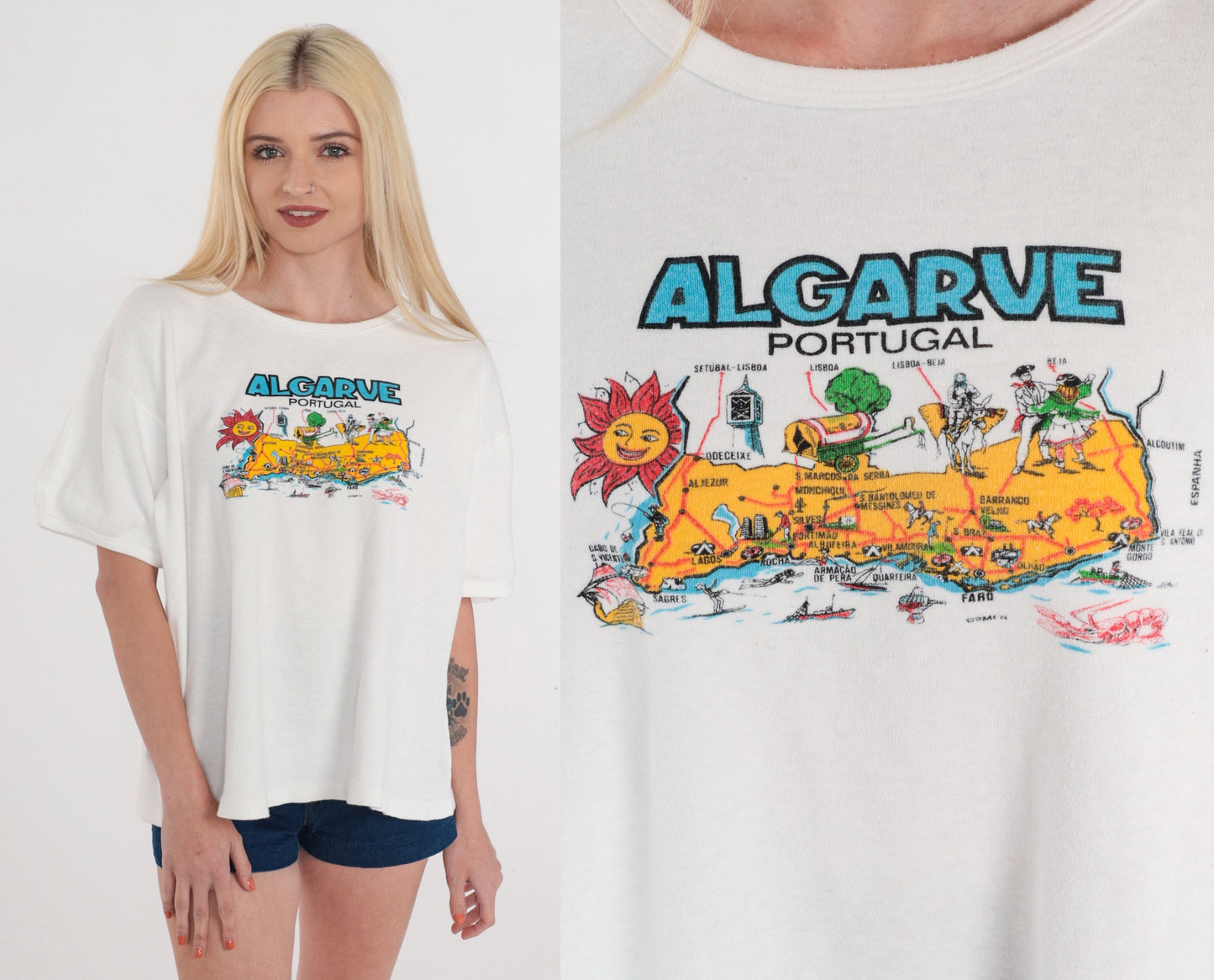 90s Algarve Portugal Graphic T-Shirt White Single Stitch Tee Extra Large