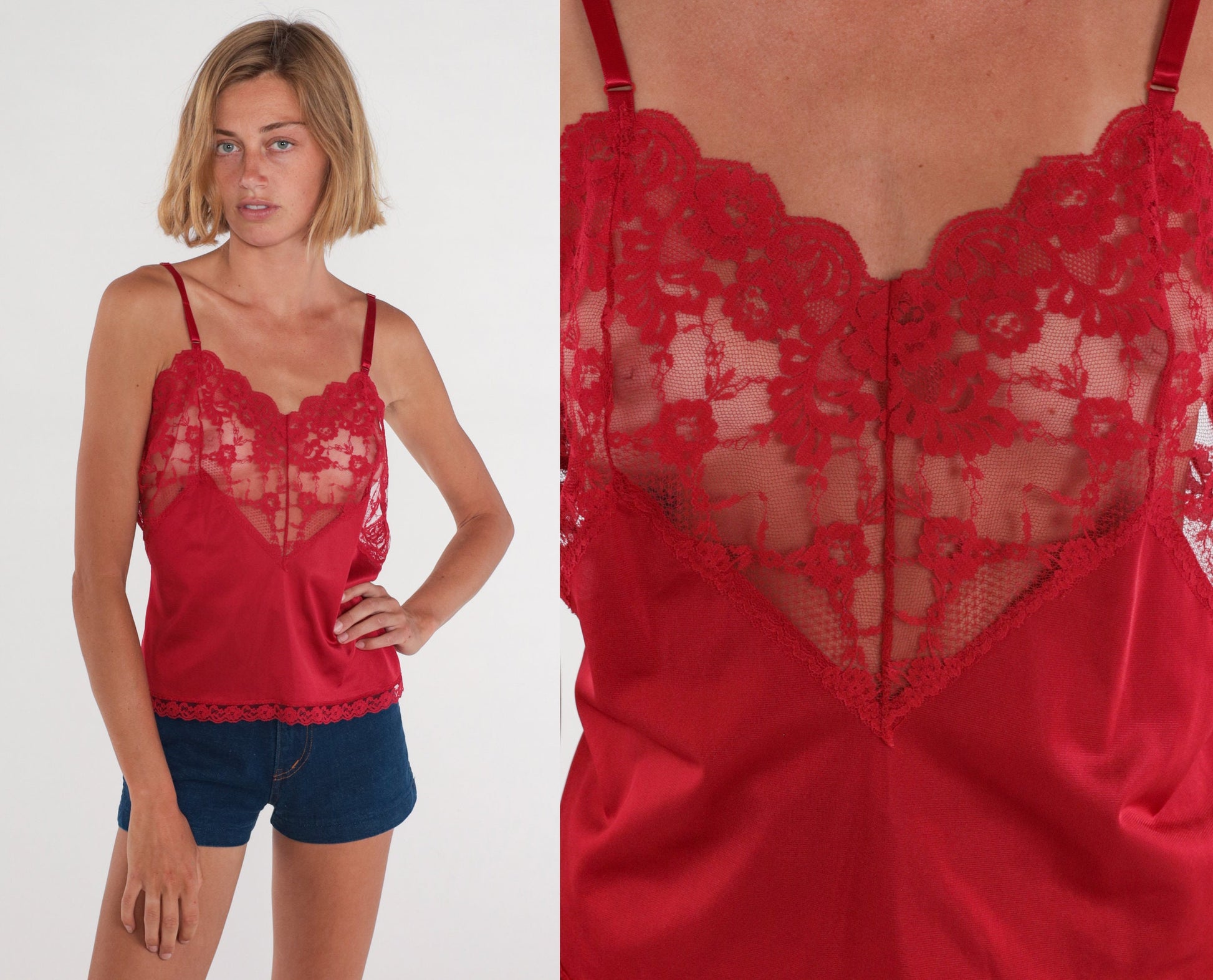 80s Body Chic Red Lace Camisole Tank Top Sheer Nylon Medium