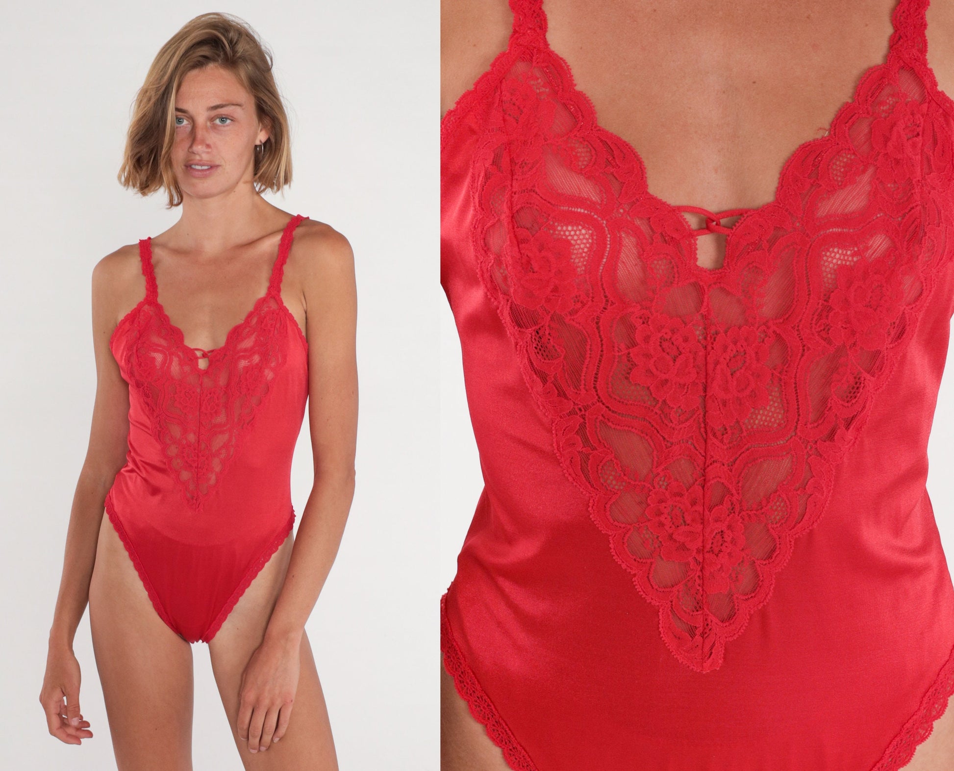70s Vanity Fair Red Lace Bodysuit Sleeveless Leotard Small