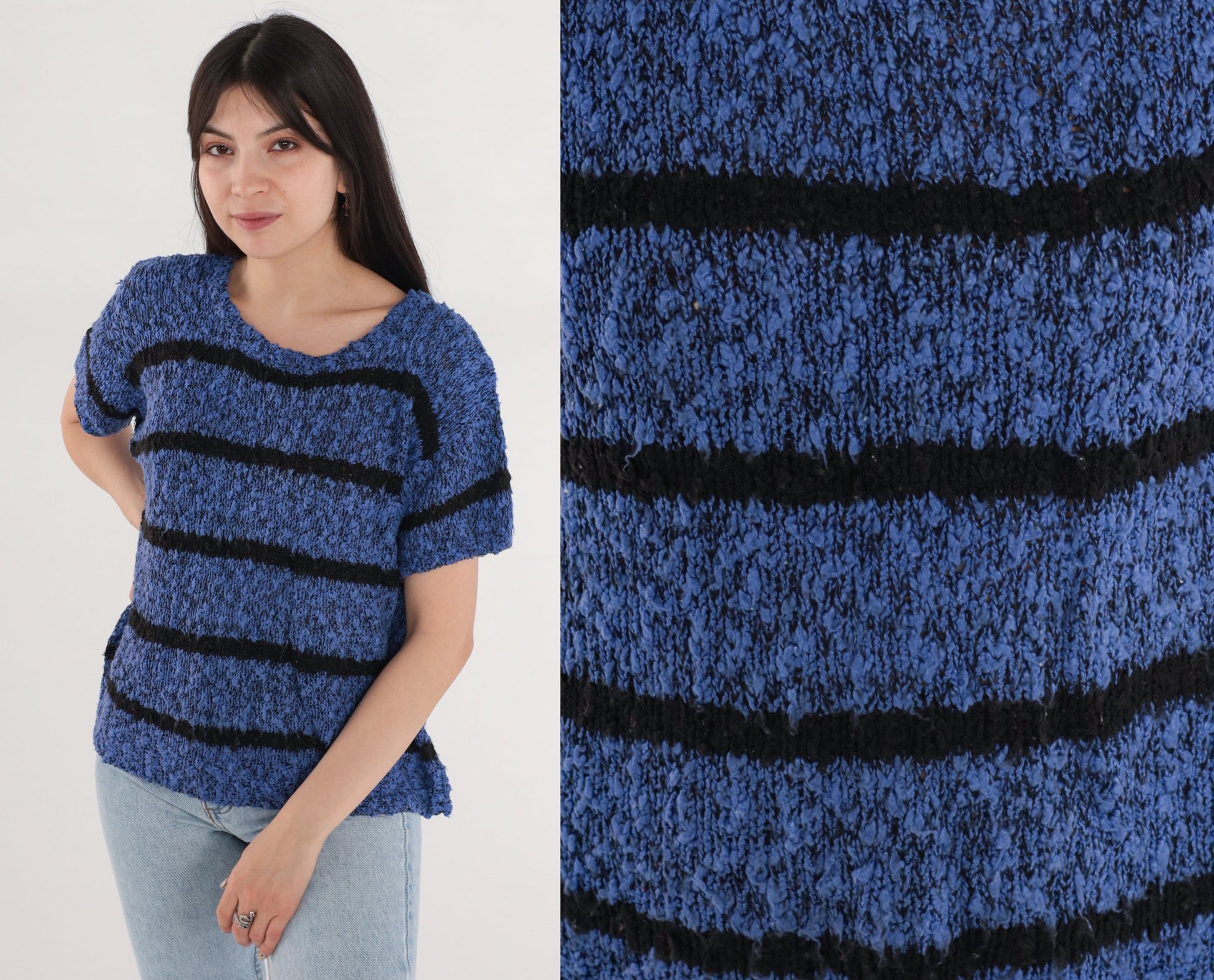 90s Striped Knit Sweater Top Blue Black Short Sleeve Medium M