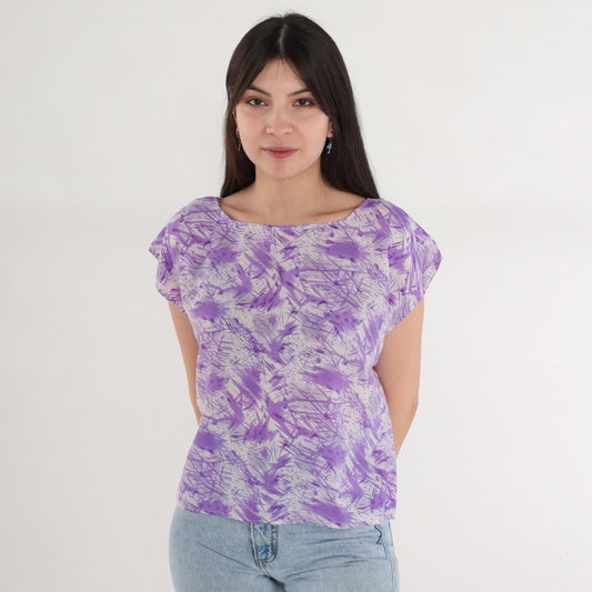 70s Abstract Purple Cream Cap Sleeve Blouse Psychedelic Print Medium