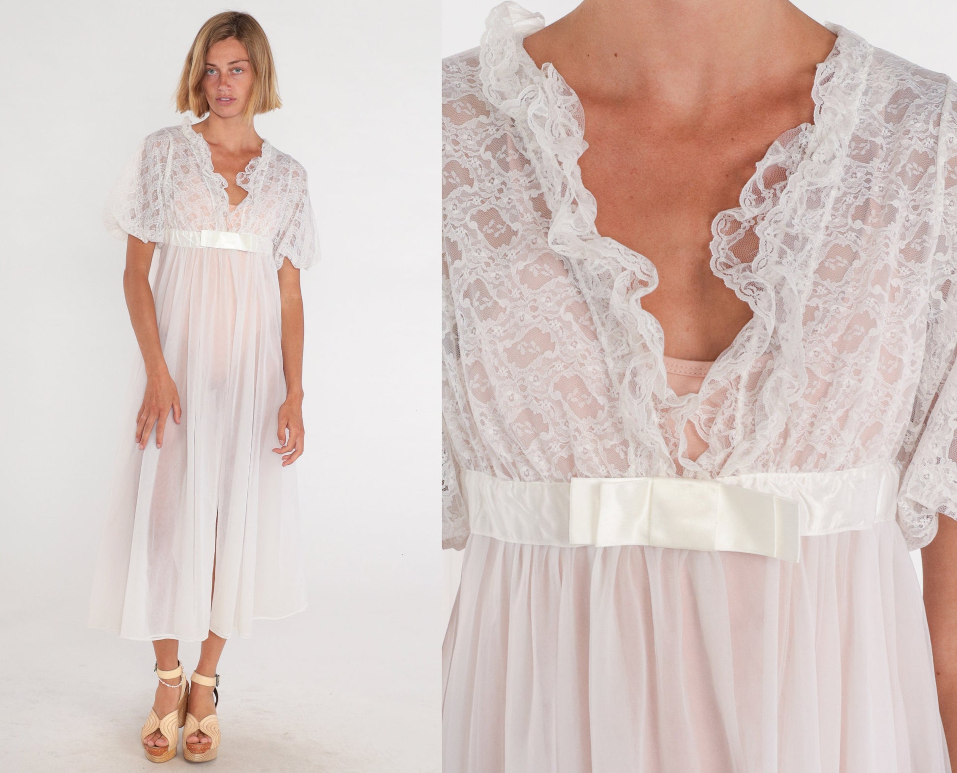 70s White Lace Peignoir Robe Midi Nightie Open Front Small S