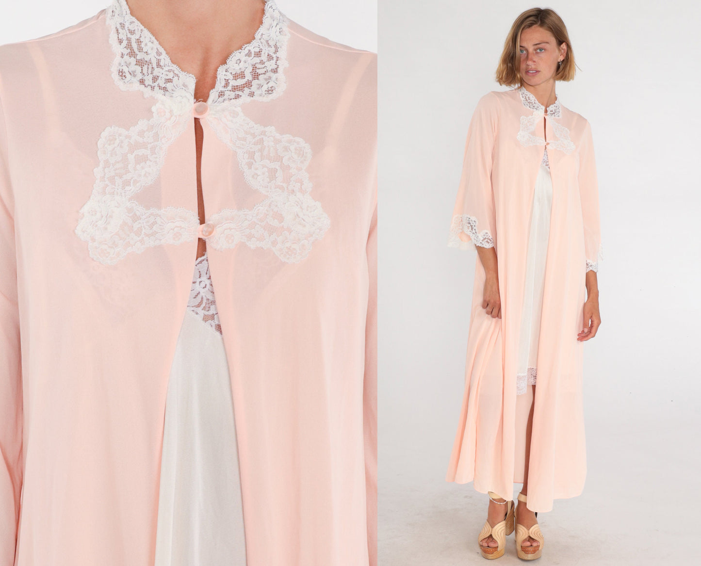 70s Pink Lace Trim Pajama Robe Maxi Button Front Nightgown Small Medium