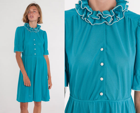 70s Teal Shirtwaist Mini Dress High Ruffle Collar Button-Up Medium M