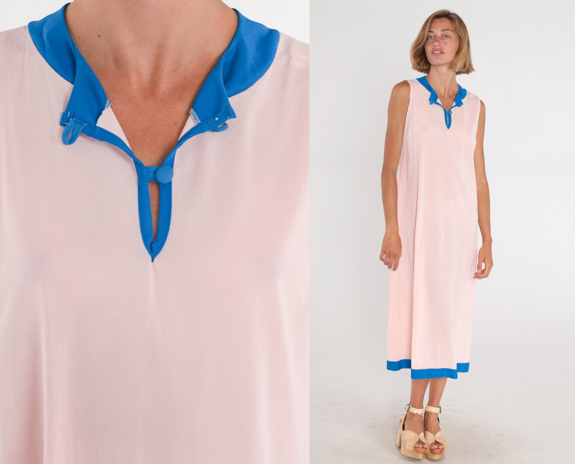 70s Pink Midi Dress Blue Trim Sleeveless Button-Up Column Large L