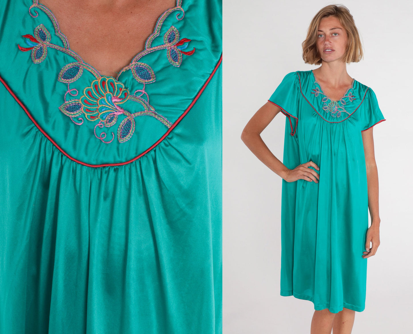 80s Green Floral Embroidered Nightgown Tent Cut Midi Short Sleeve Large L