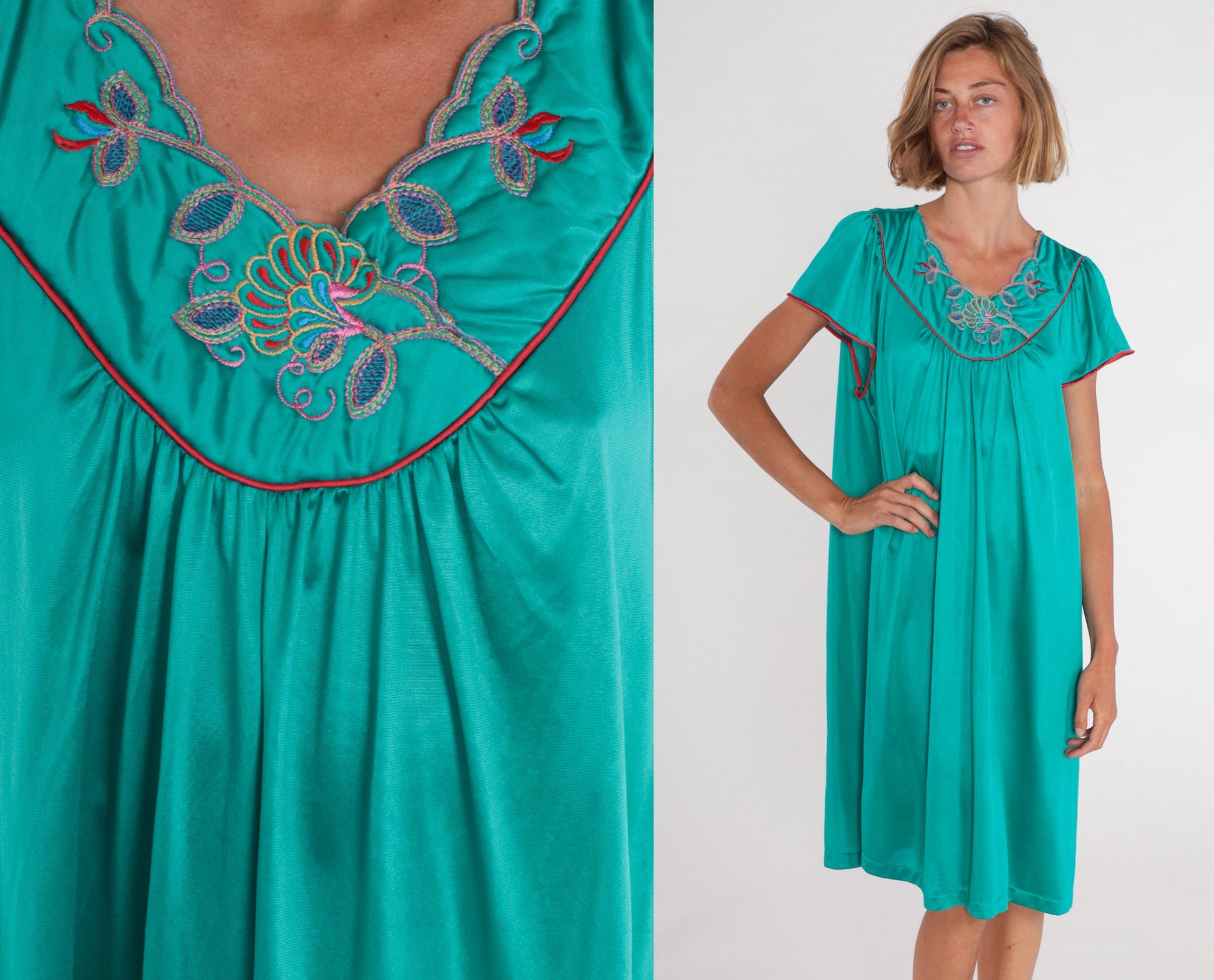 80s Green Floral Embroidered Nightgown Tent Cut Midi Short Sleeve Large L