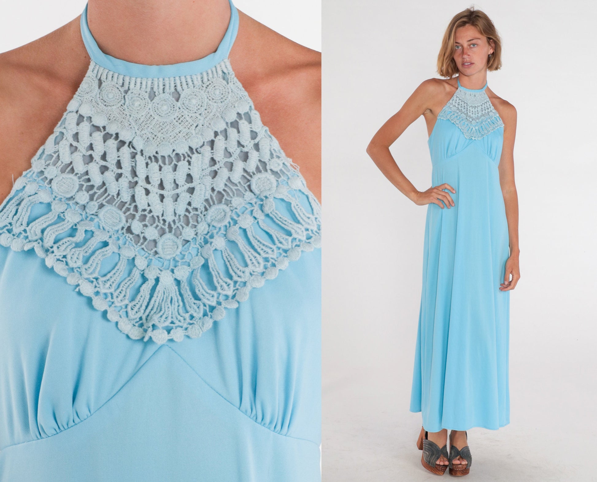 70s Blue Maxi Dress Halter Crochet Trim Open Back Empire Waist Small