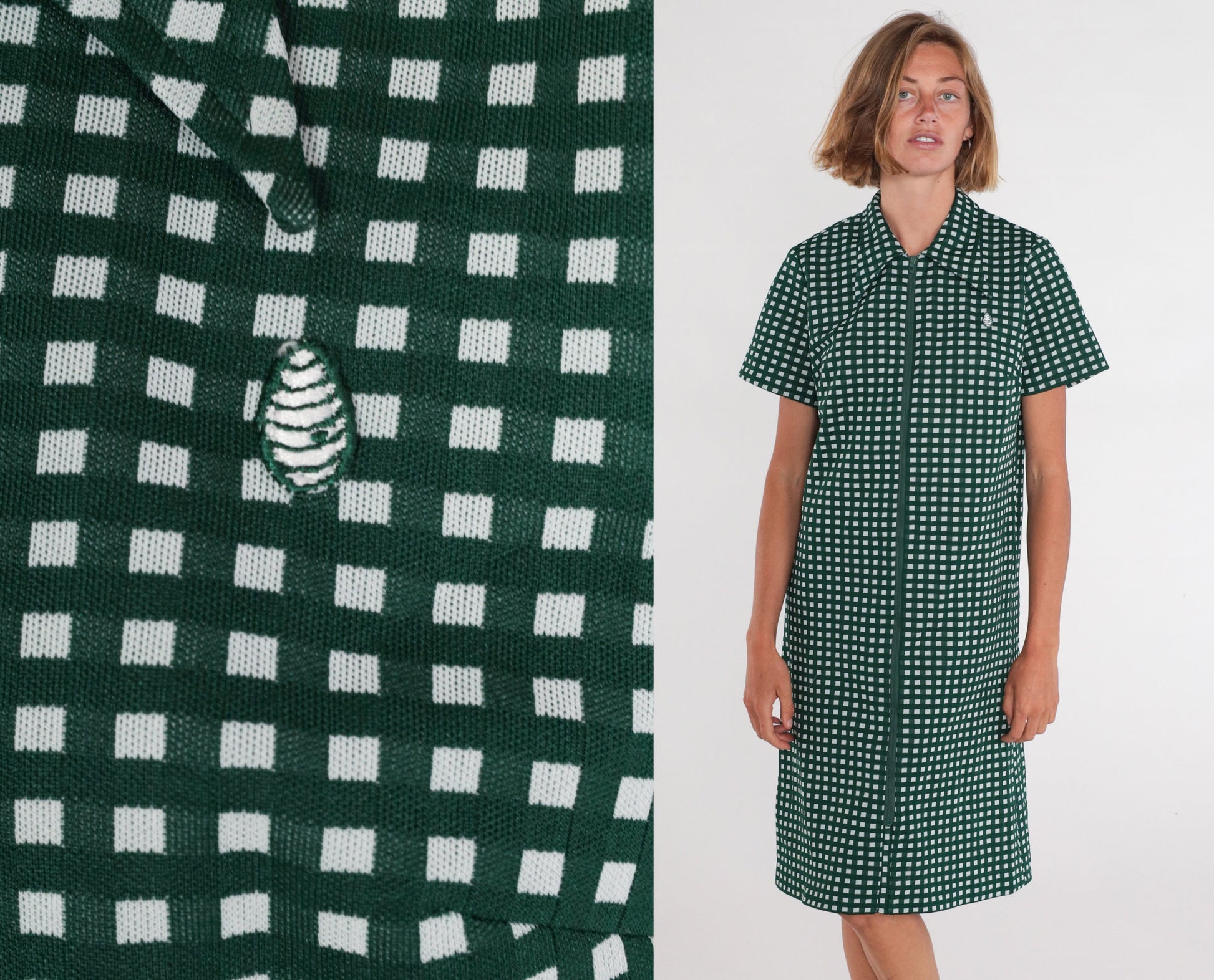 70s Mod Checkered Shift Dress Green White Dagger Collar Zip Front Knee Length Large L