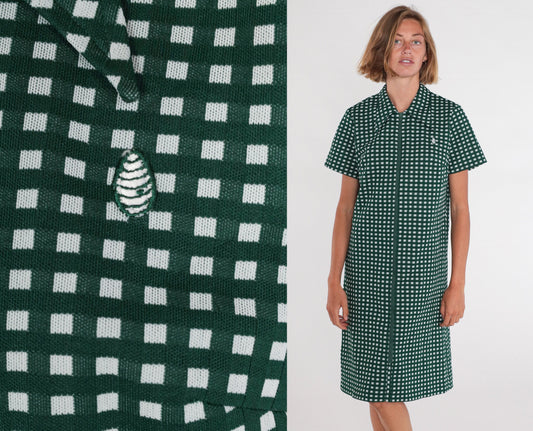 70s Mod Checkered Shift Dress Green White Dagger Collar Zip Front Knee Length Large L