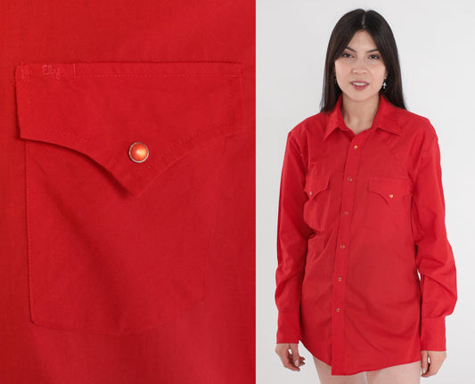80s Ely Cattleman Western Pearl Snap Shirt Red Long Sleeve Men's Medium