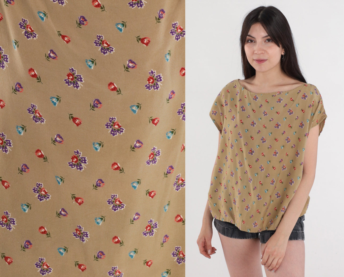 80s Floral Cap Sleeve Blouse Taupe Rayon Flower Print Top Large L