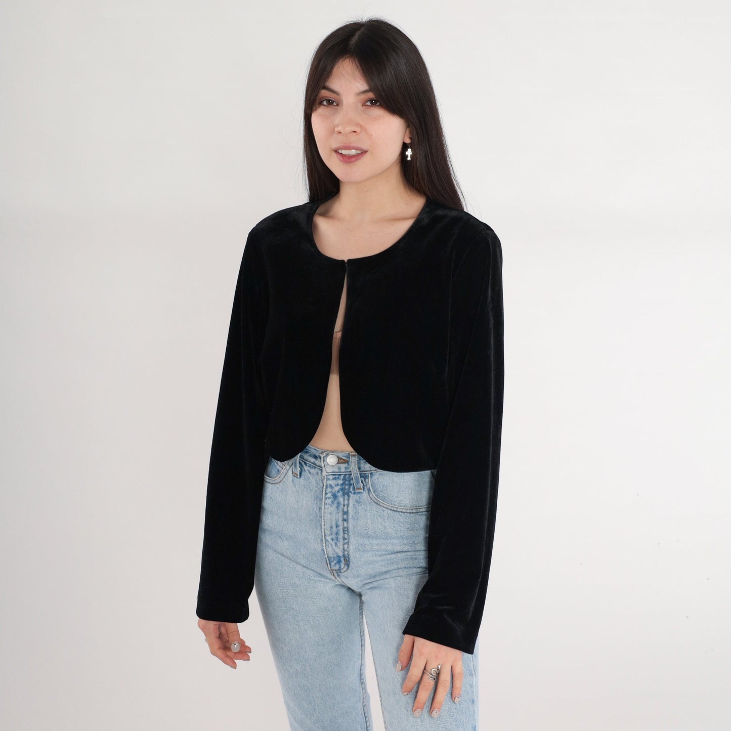80s Black Velvet Blazer Open Front Single Hook Tailored Small