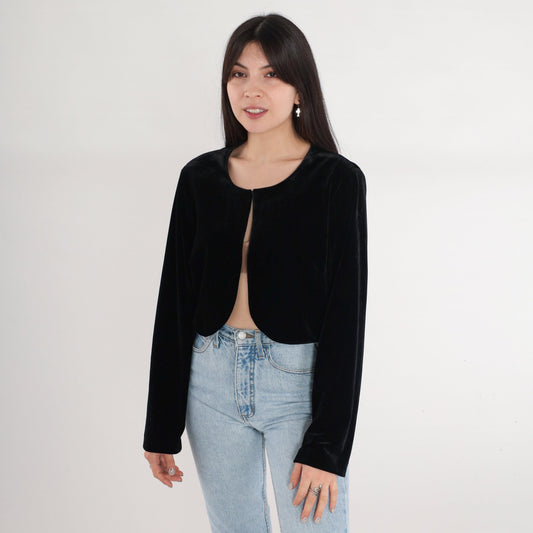 80s Black Velvet Blazer Open Front Single Hook Tailored Small
