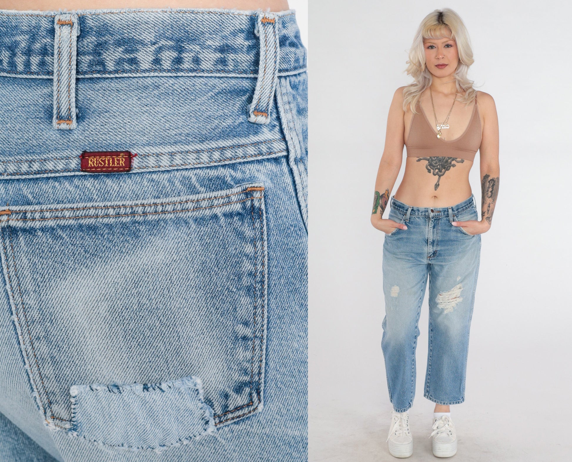 90s Rustler Ripped Blue Denim Jeans Mid Rise Straight Ankle Large