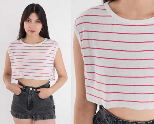 80s Striped Crop Tank Top White Pink Raw Hem Cutoff Small Medium