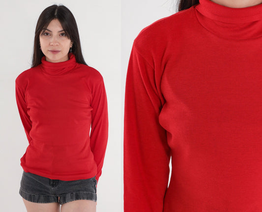 80s Red Turtleneck Long Sleeve Pullover Top Medium
