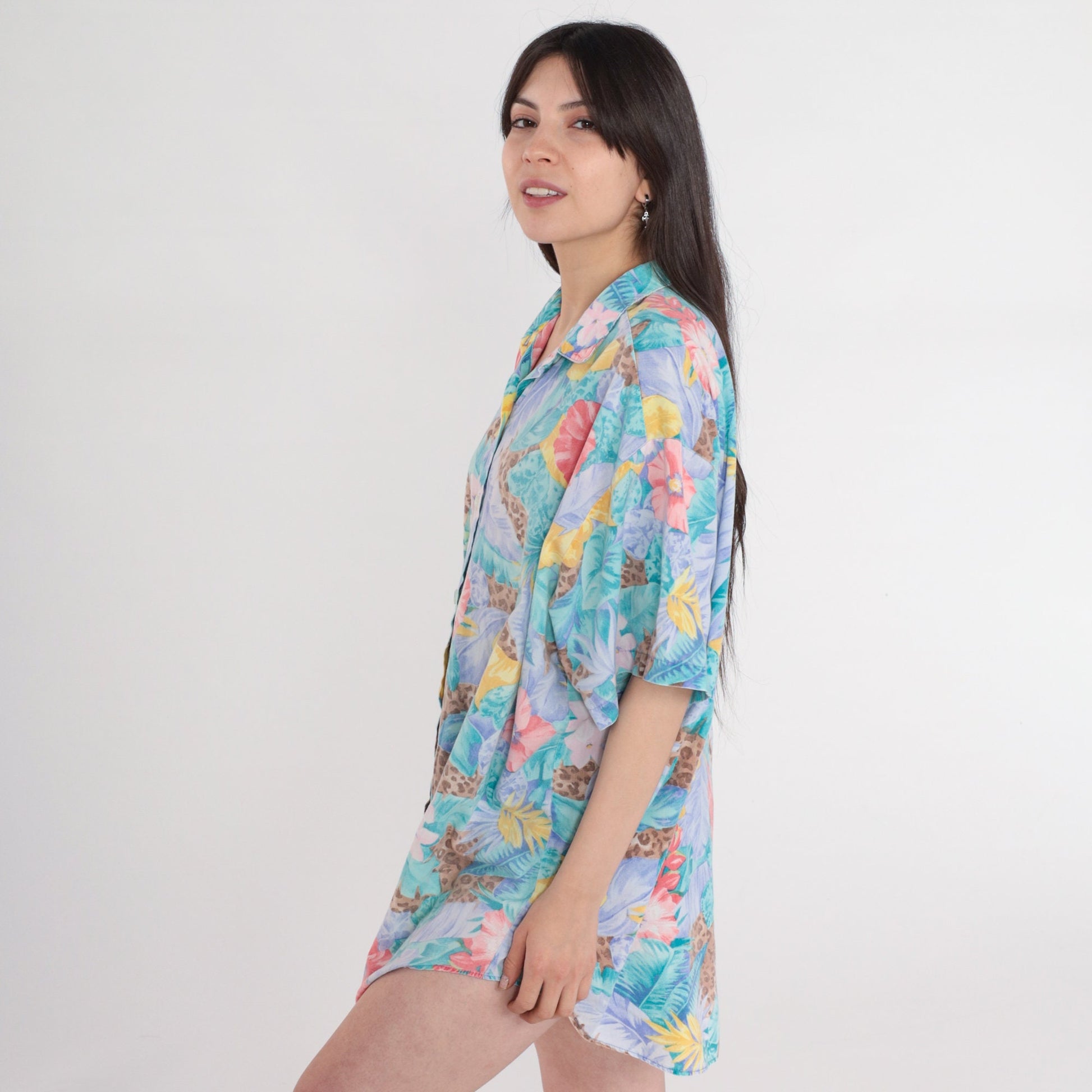 90s Tropical Leopard Floral Button-Up Blouse Turquoise Plus Size XXL