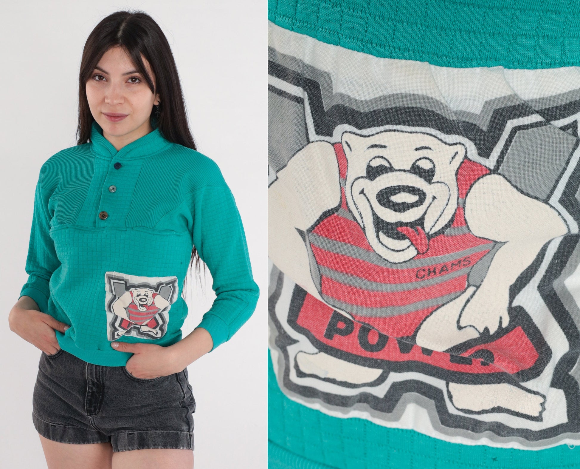 90s Bear Henley Sweatshirt Teal Quilted Quarter Button Pocket Pullover XXS