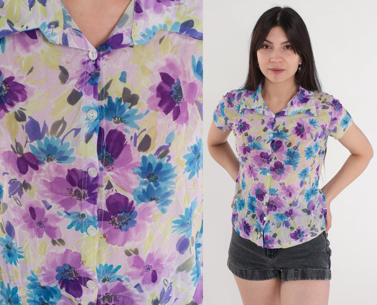 90s Floral Button Up Blouse Lavender Purple Watercolor Print Short Sleeve Small