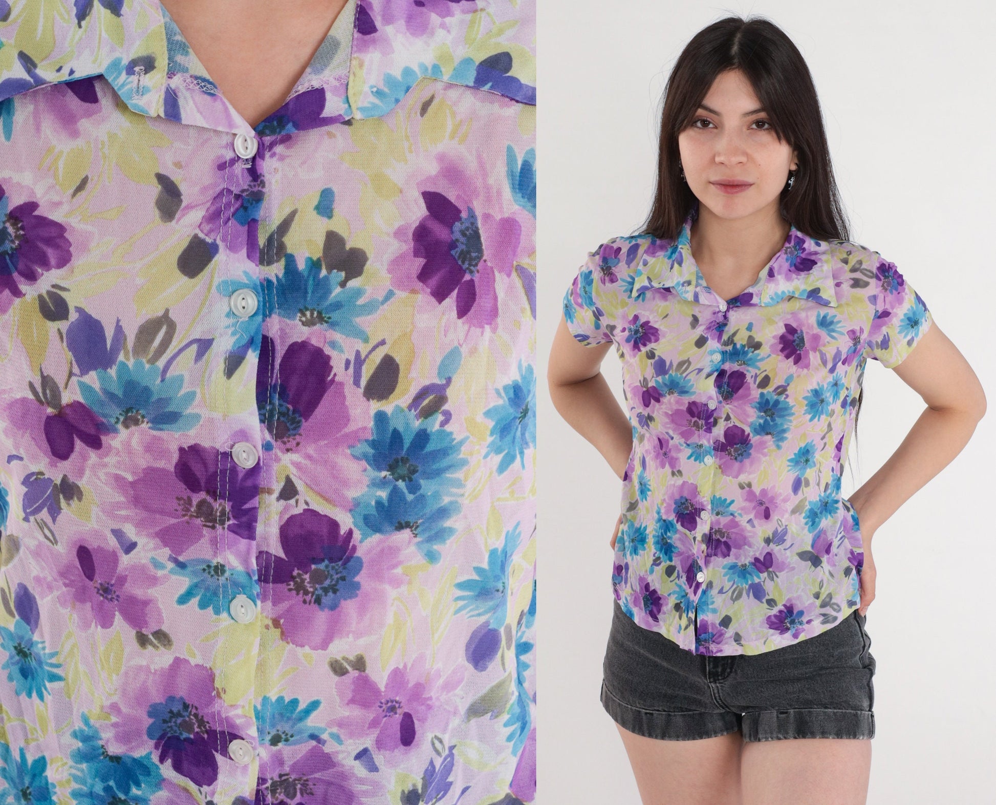 90s Floral Button Up Blouse Lavender Purple Watercolor Print Short Sleeve Small