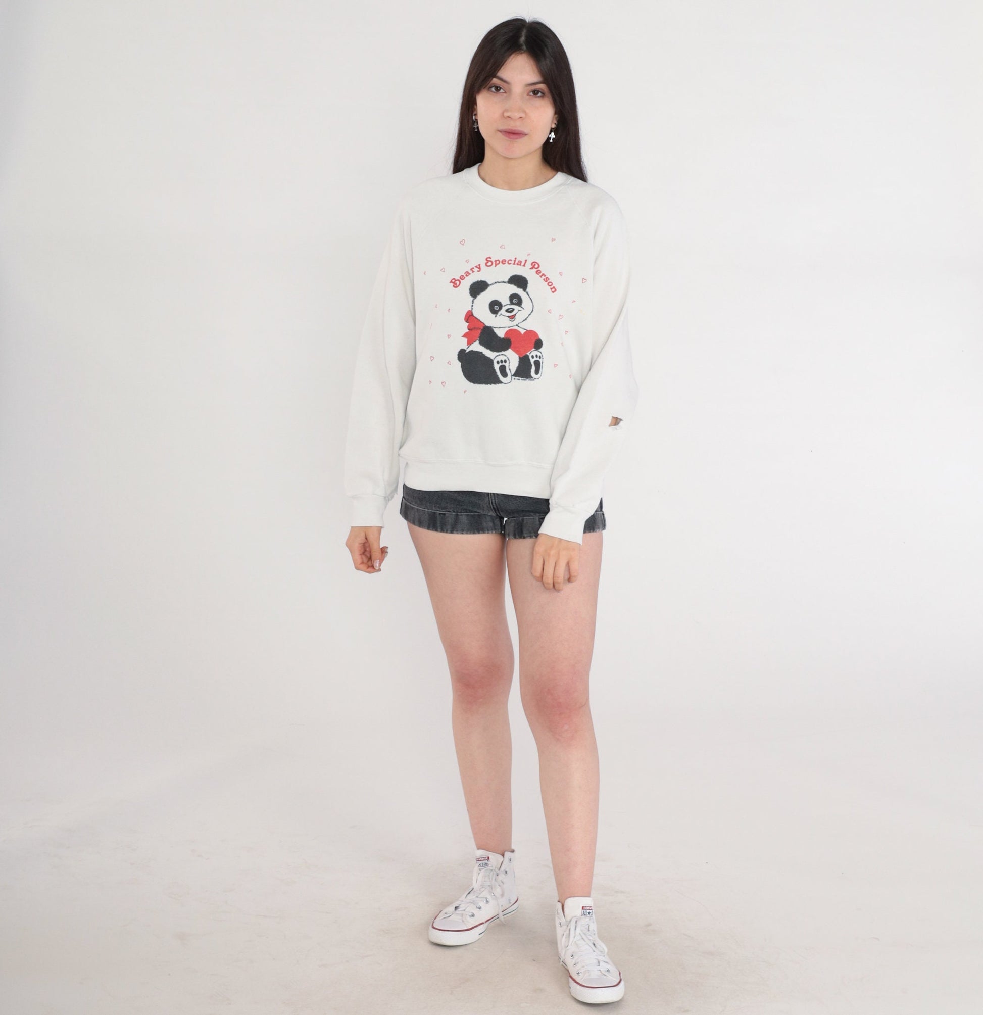 90s Panda Bear Heart Sweatshirt Lee Raglan Red White Medium