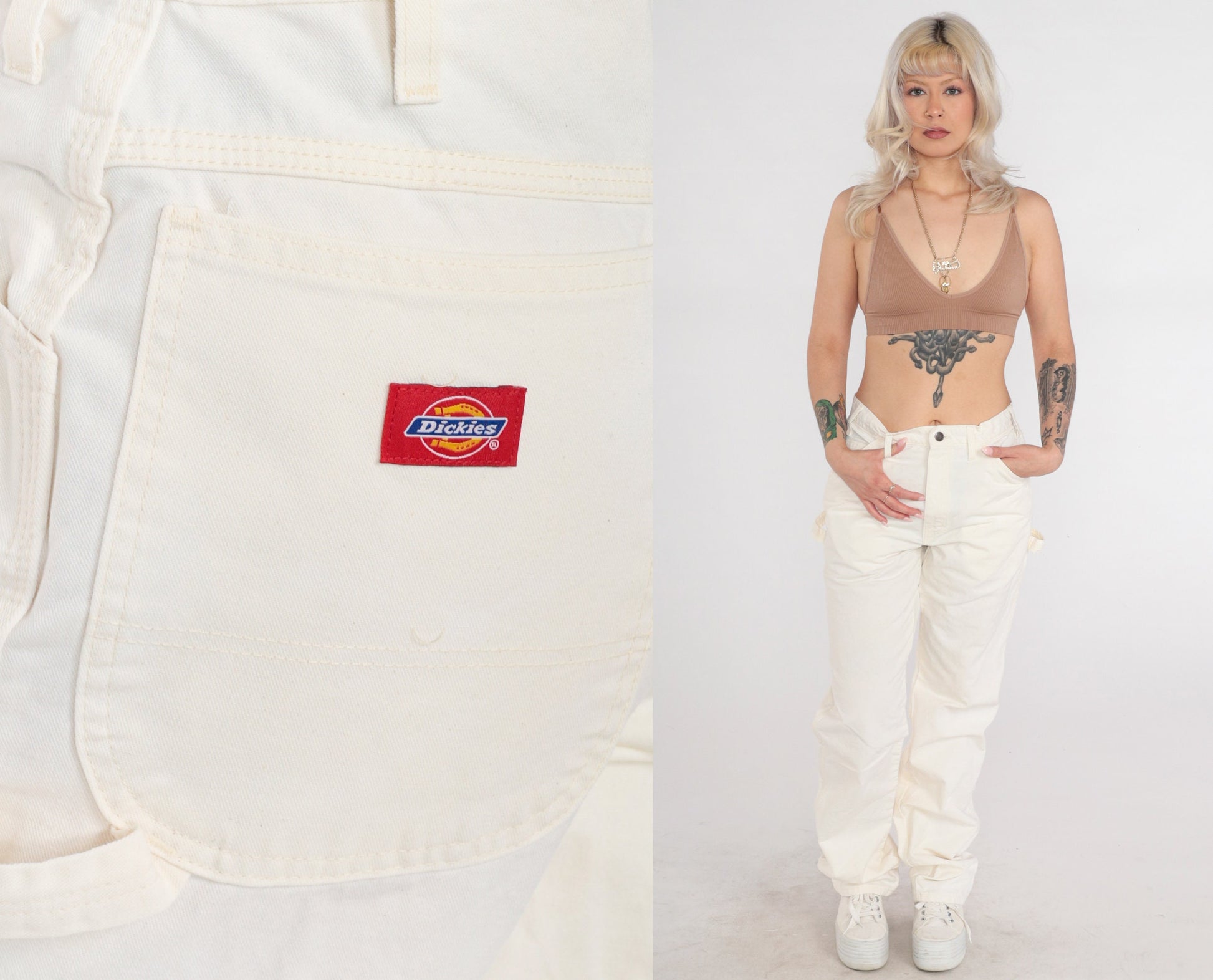 Y2K Dickies Cargo Pants Dulux Paints Patch High Waisted Cream Denim 32x36
