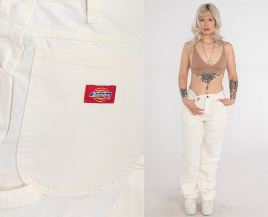 Y2K Dickies Cargo Pants Dulux Paints Patch High Waisted Cream Denim 32x36