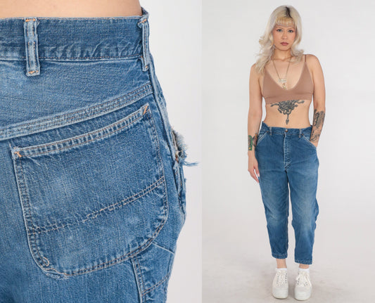70s High Waist Tapered Ankle Jeans Blue Denim Elastic Cuff Medium M