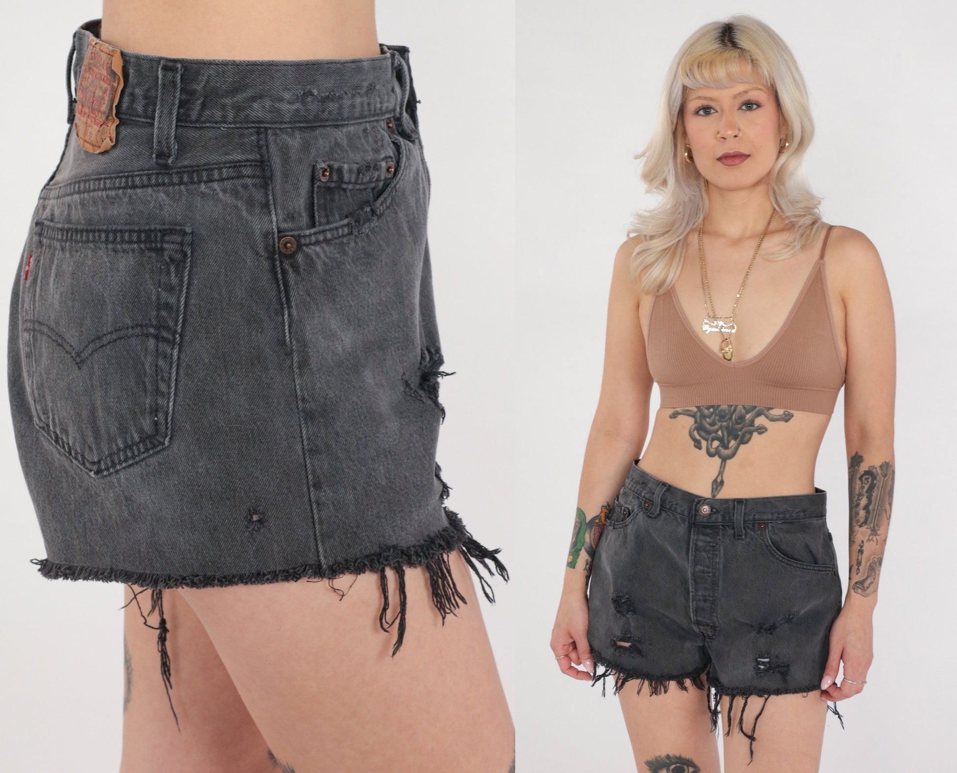 90s Levi's 501 Black Denim Cut-Off Shorts Frayed Mid Rise Large L