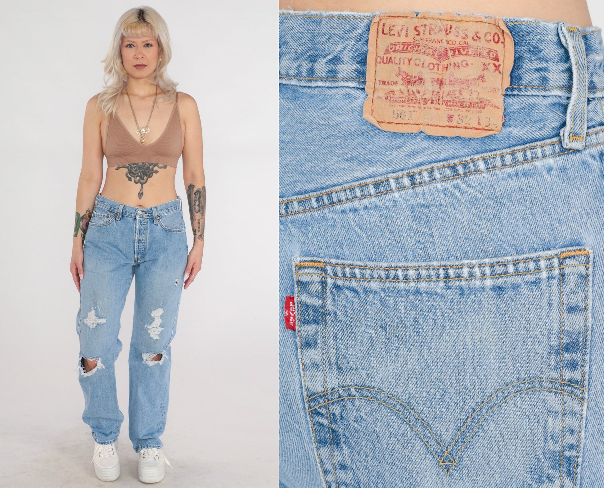 00s Levi's 501 Straight Leg Jeans Blue Denim Ripped Knees 32x34