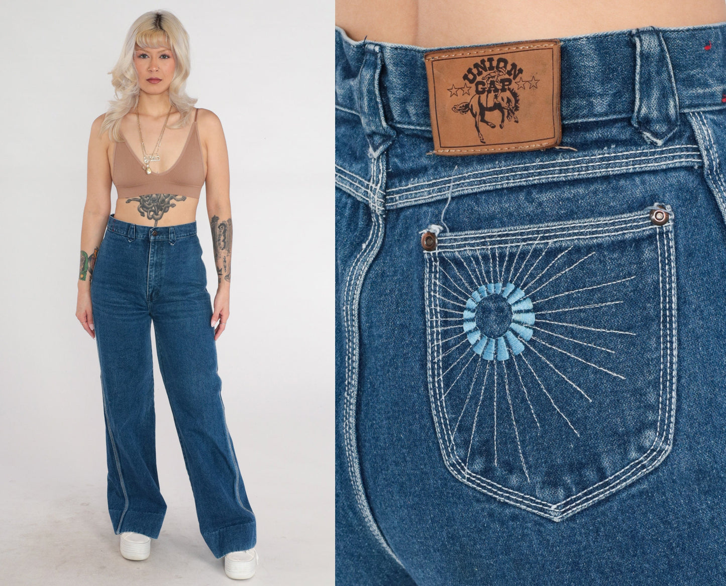 80s Union Gap Ultra High Rise Wide Leg Jeans Dark Wash Embroidered Sun Small 28
